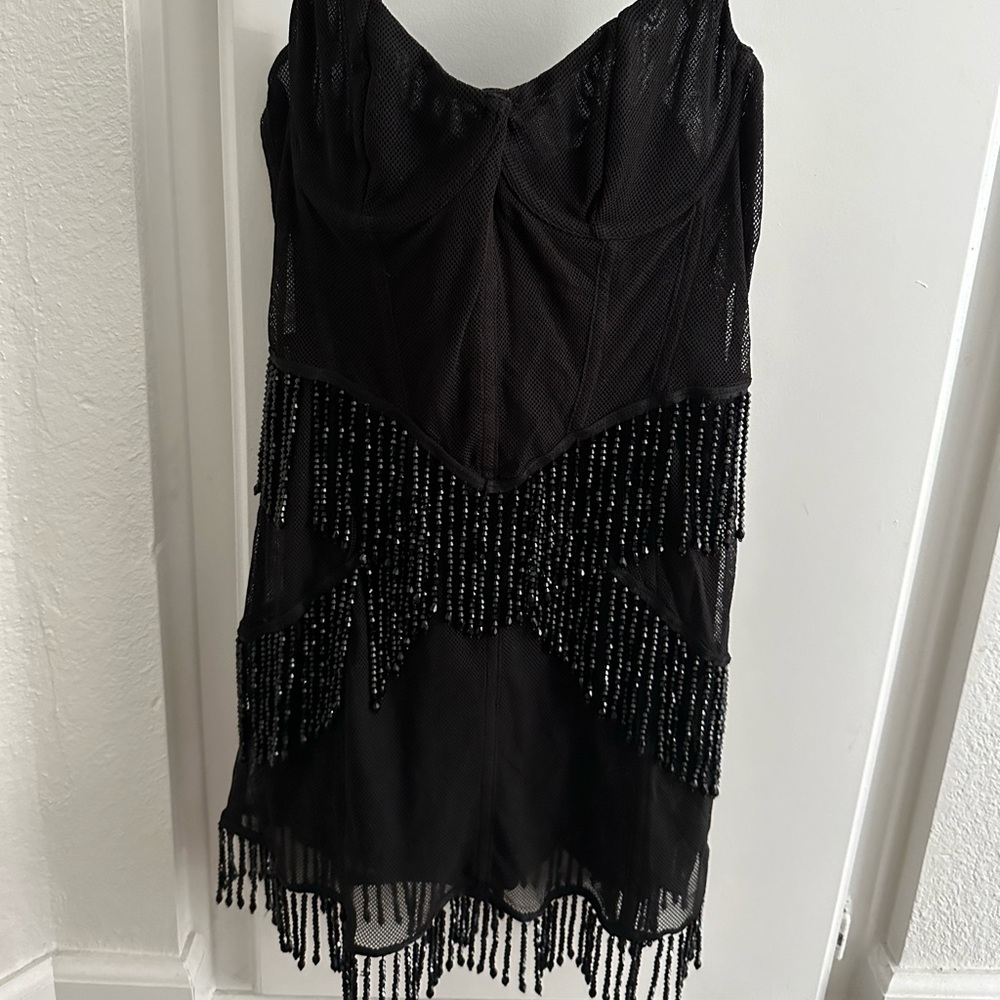 White Fox Boutique: Mamacita Black mesh bejeweled fringe mini dress #gatsby